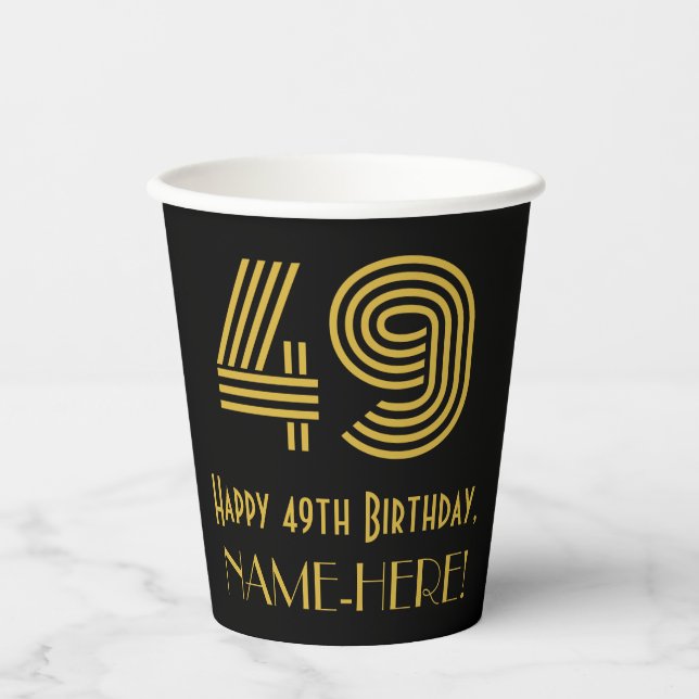 49th Birthday: Art Deco Inspired Look “49” & Name Paper Cups (Front)