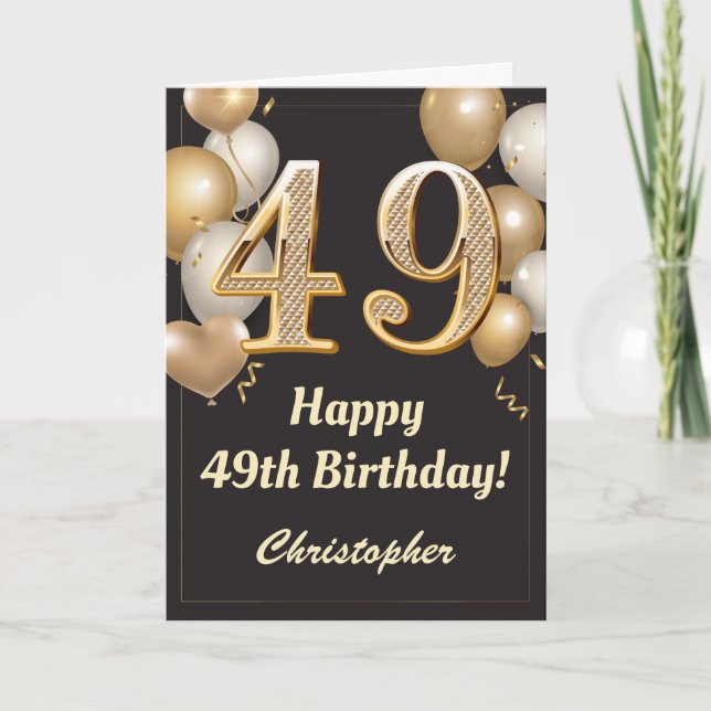 49th Birthday Black and Gold Balloons Confetti Card (Front)