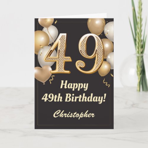 49th Birthday Black and Gold Balloons Confetti Card