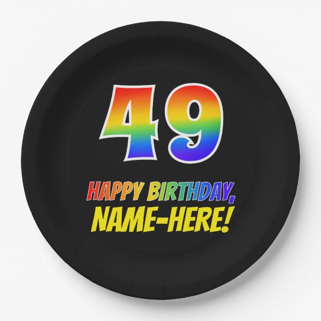 49th Birthday: Bold, Fun, Simple, Rainbow 49 Paper Plates (Front)