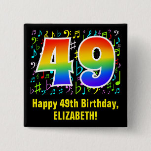 49th Birthday: Colorful Music Symbols, Rainbow 49 Button