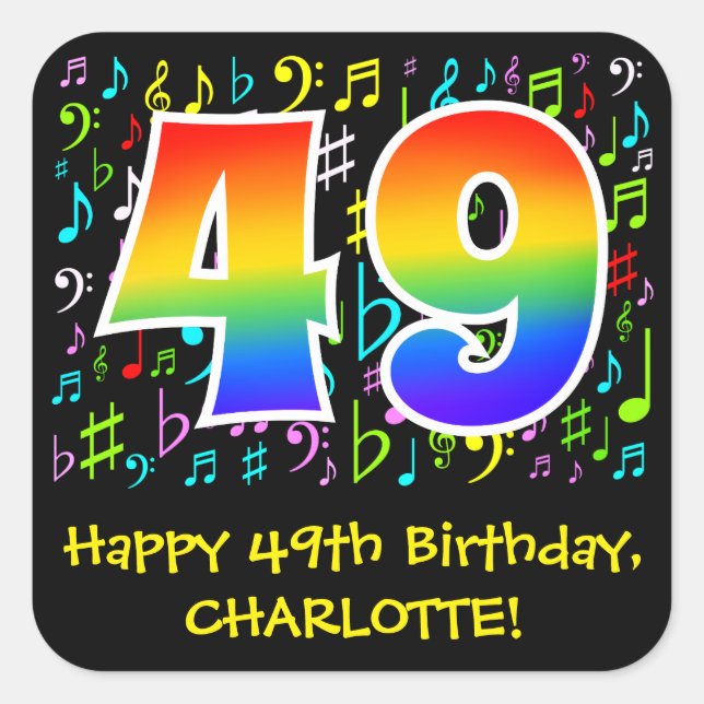 49th Birthday: Colorful Music Symbols, Rainbow 49 Square Sticker (Front)