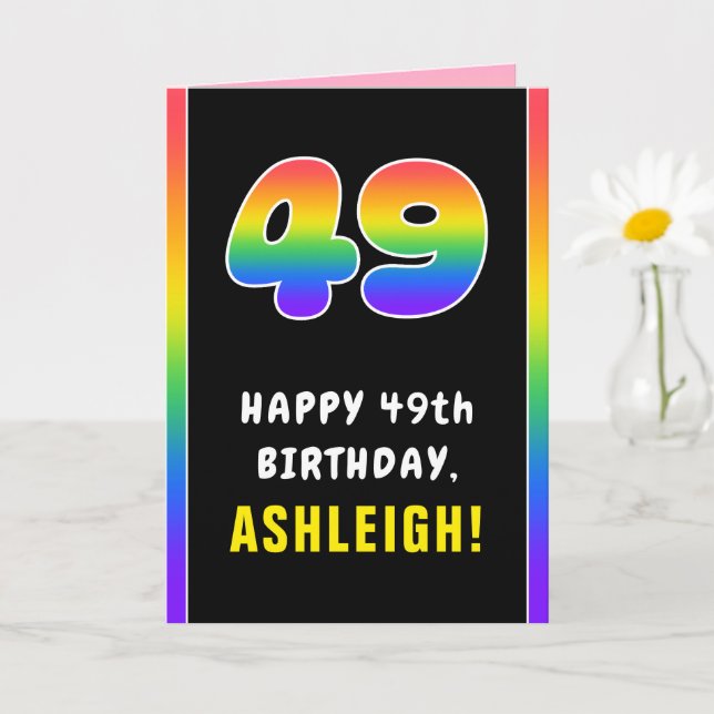 49th Birthday: Colorful Rainbow # 49, Custom Name Card (Small Plant)