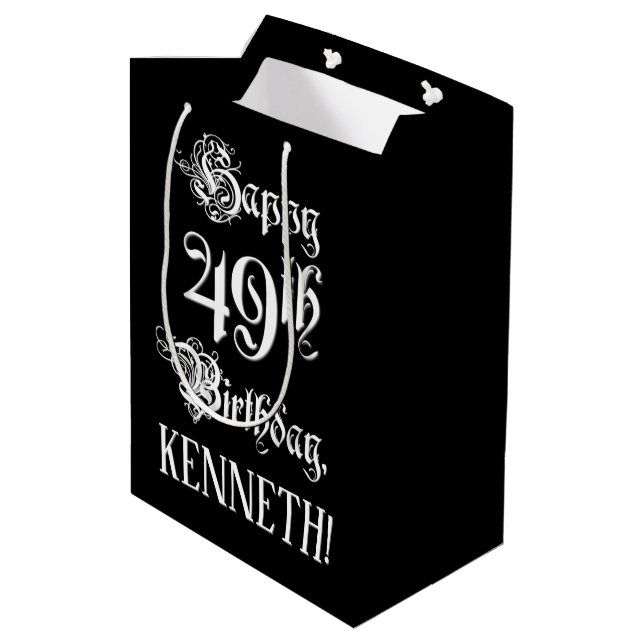 49th Birthday: Fancy, Elegant Script + Custom Name Medium Gift Bag (Back Angled)