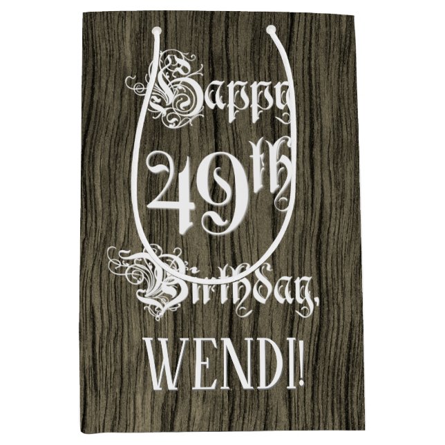 49th Birthday: Fancy, Faux Wood Look + Custom Name Medium Gift Bag (Front)