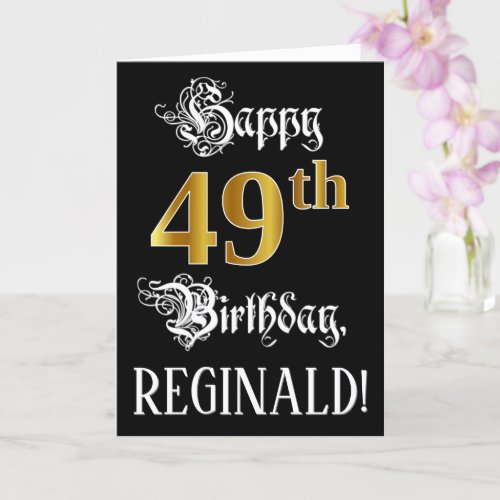 49th Birthday  Fancy Script Faux Gold Look Name Card