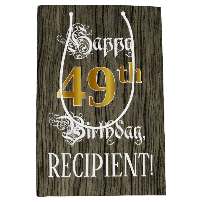 49th Birthday: Faux Gold Look & Faux Wood Pattern Medium Gift Bag (Front)