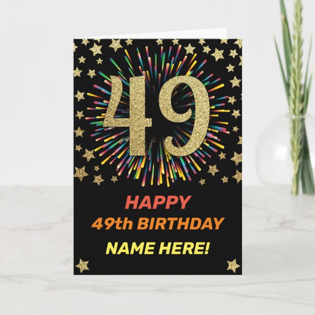 49th Birthday Fireworks Rainbow Gold Fun Card (Front)