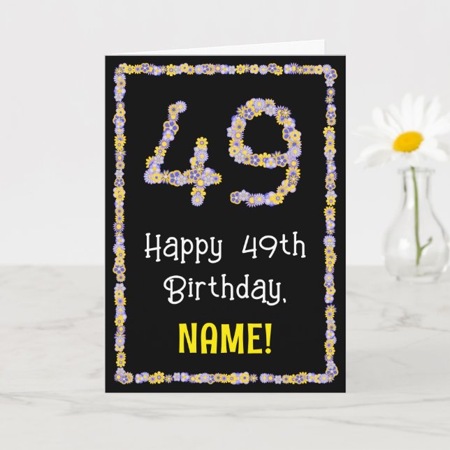 49th Birthday: Floral Flowers Number, Custom Name Card (Small Plant)