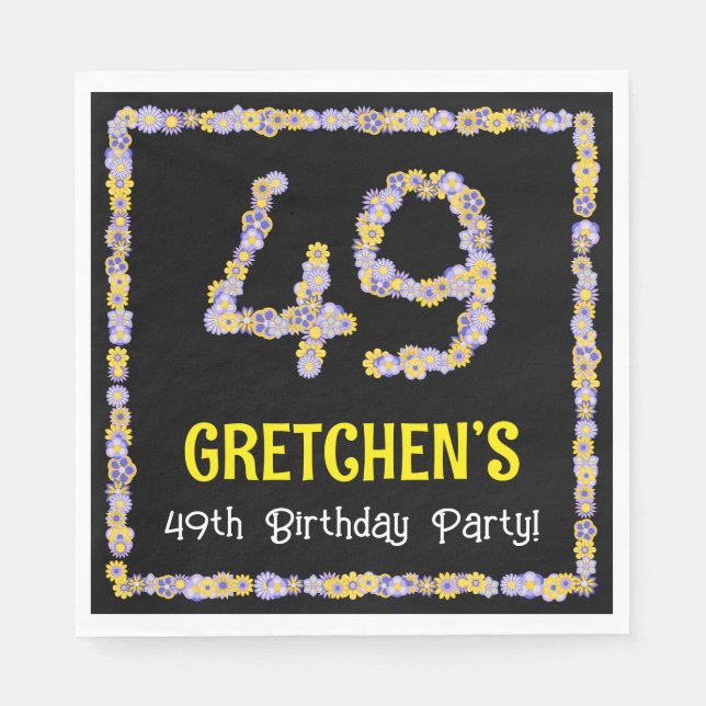 49th Birthday: Floral Flowers Number, Custom Name Napkins (Front)