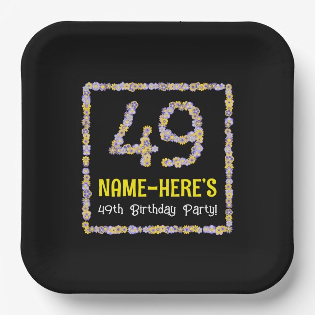 49th Birthday: Floral Flowers Number, Custom Name Paper Plates (Front)