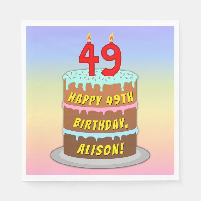 49th Birthday: Fun Cake and Candles + Custom Name Napkins (Front)