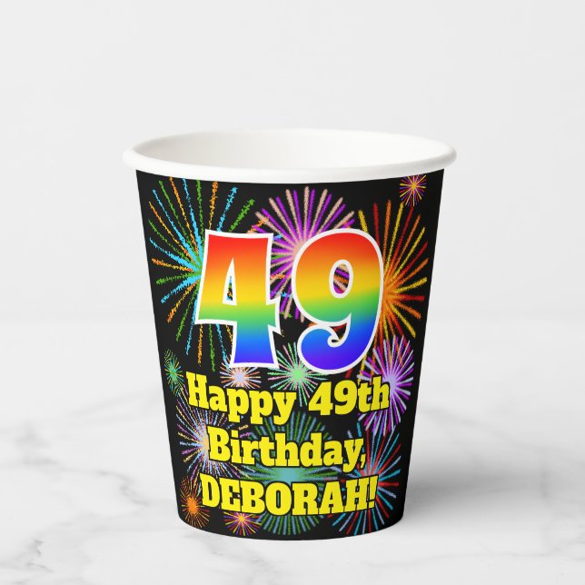 49th Birthday: Fun Fireworks Pattern + Rainbow 49 Paper Cups (Front)