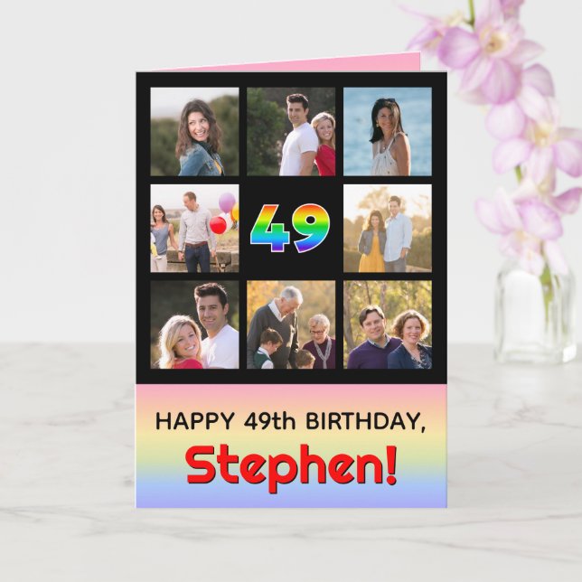 49th Birthday: Fun Rainbow #, Custom Photos + Name Card (Orchid)