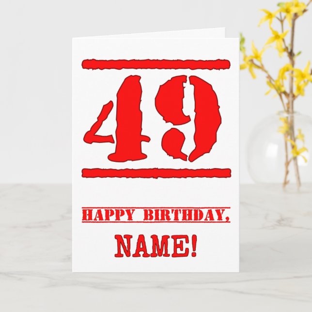 49th Birthday: Fun, Red Rubber Stamp Inspired Look Card (Yellow Flower)