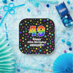 49th Birthday: Fun Stars Pattern and Rainbow “49” Paper Plates