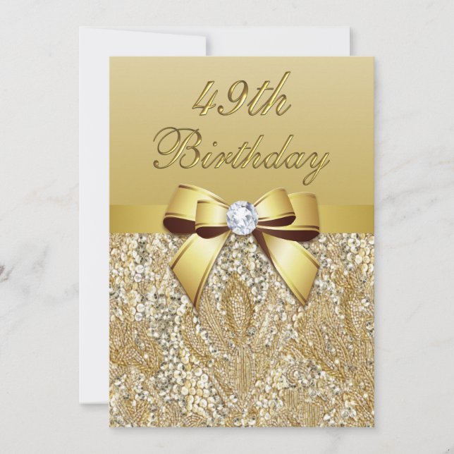 49th Birthday Gold Faux Sequins and Bow Invitation (Front)