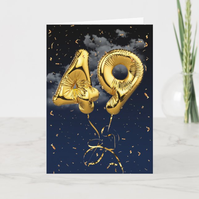 49th Birthday Gold Mylar Balloon and Confetti Card (Front)