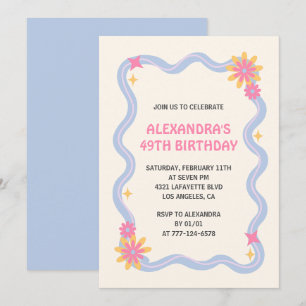 49th birthday invitation Retro Groovy Blue Flowers
