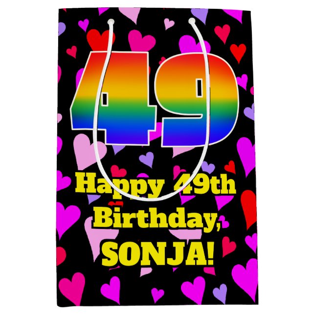 49th Birthday: Loving Hearts Pattern, Rainbow # 49 Medium Gift Bag (Front)