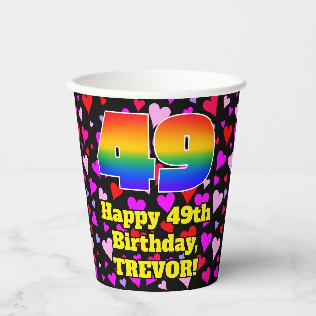 49th Birthday: Loving Hearts Pattern, Rainbow 49 Paper Cups (Front)