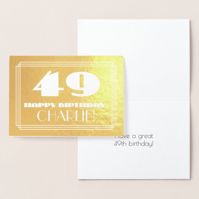 49th Birthday: Name + Art Deco Inspired Look "49" Foil Card (Display)