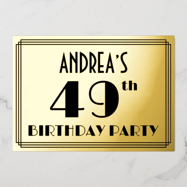 49th Birthday Party — Art Deco Look “49” + Name Foil Invitation (Front)