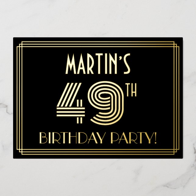 49th Birthday Party — Art Deco Style “49” + Name Foil Invitation (Front)