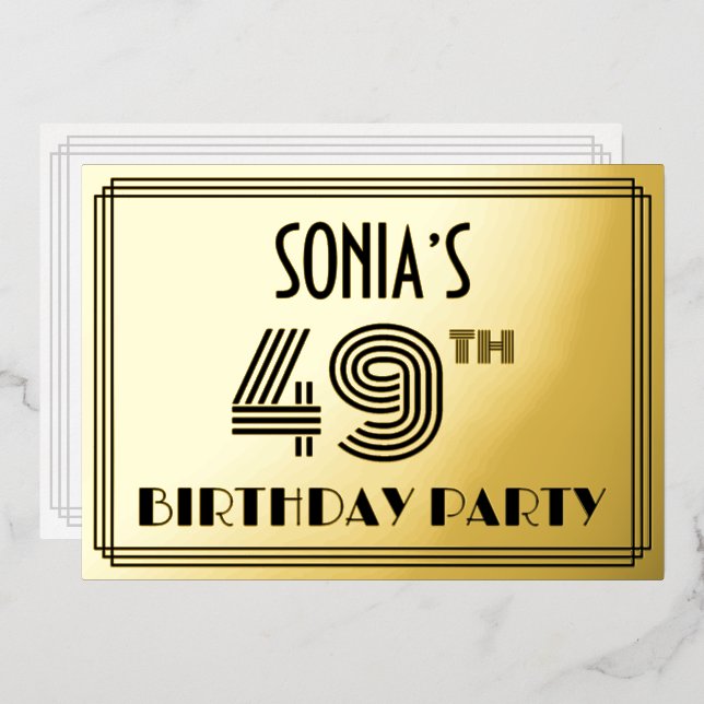 49th Birthday Party — Art Deco Style “49” & Name Foil Invitation (Front/Back)