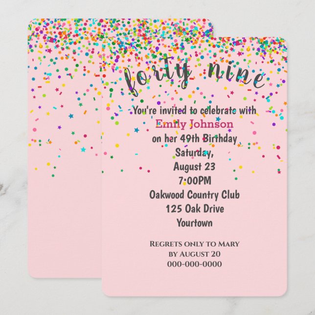 49th Birthday Party Confetti On Pink Invitation (Front/Back)