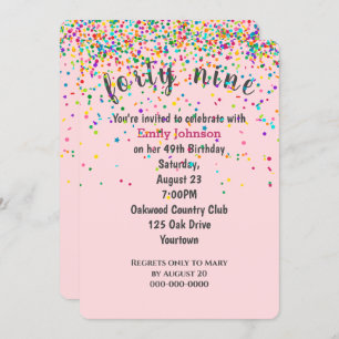 49th Birthday Party Confetti On Pink Invitation