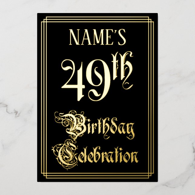 49th Birthday Party — Fancy Script & Custom Name Foil Invitation (Front)