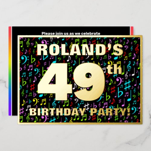 49th Birthday Party  Fun Colorful Music Symbols Foil Invitation