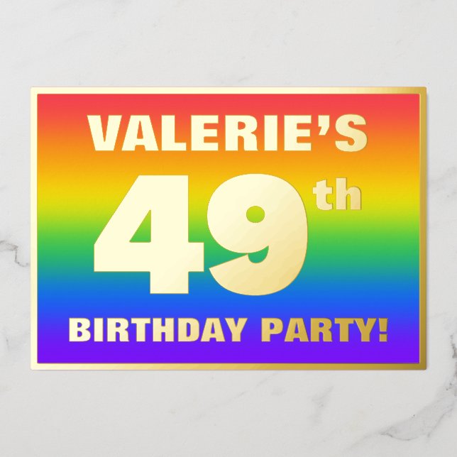 49th Birthday Party: Fun, Colorful Rainbow Pattern Foil Invitation (Front)