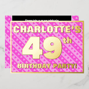 49th Birthday Party — Fun Pink Hearts and Stripes Foil Invitation