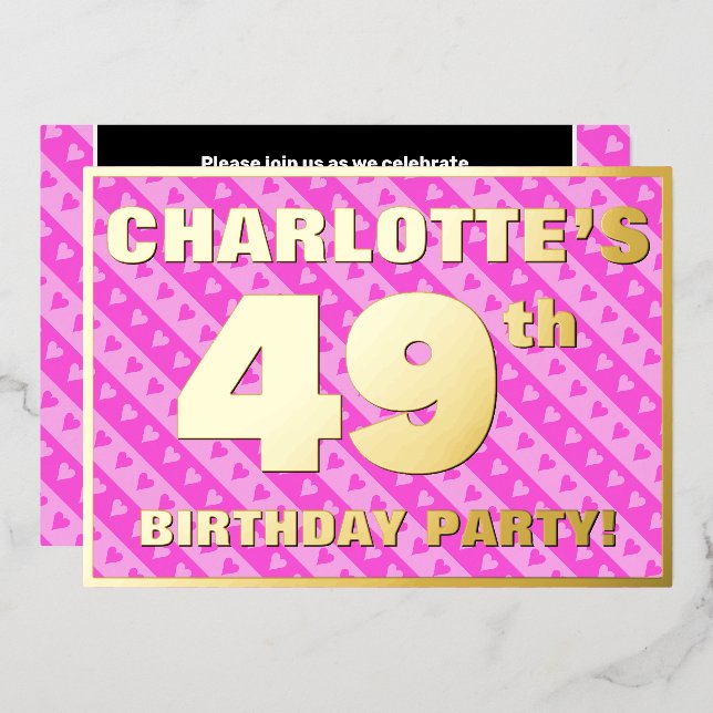 49th Birthday Party — Fun Pink Hearts and Stripes Foil Invitation (Front/Back)