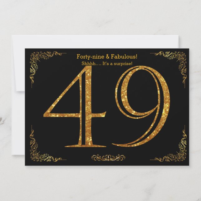 49th Birthday party,Gatsby styl,black gold glitter Invitation (Front)