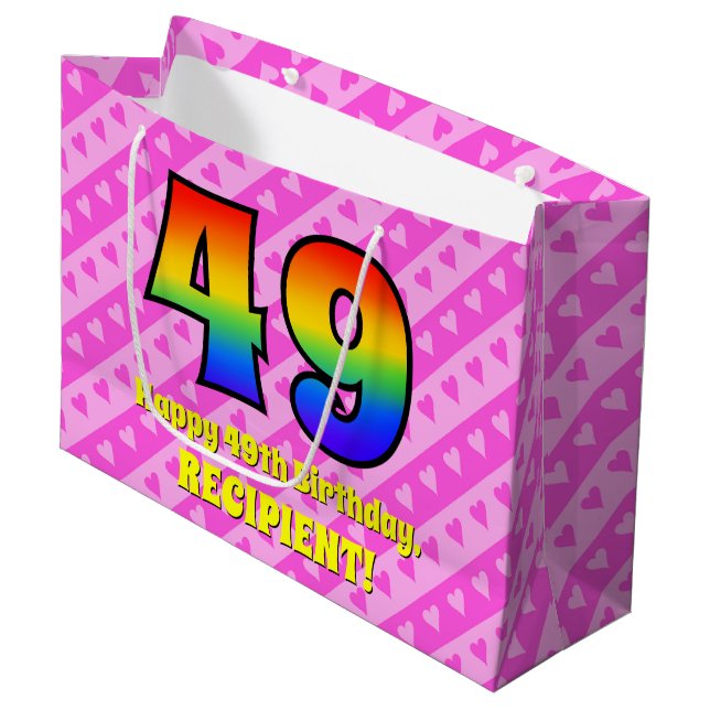 49th Birthday: Pink Stripes & Hearts, Rainbow # 49 Large Gift Bag (Front Angled)