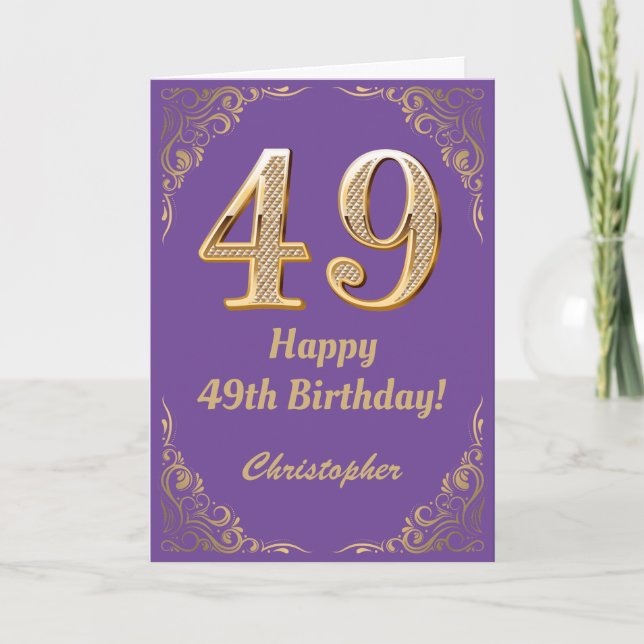 49th Birthday Purple and Gold Glitter Frame Card (Front)