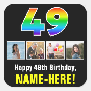 49th Birthday: Rainbow “49”; Custom Photos & Name Square Sticker