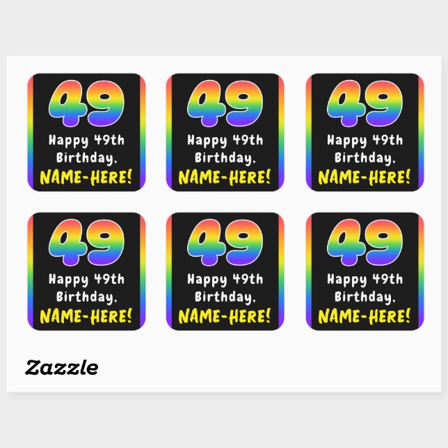 49th Birthday: Rainbow Spectrum # 49, Custom Name Square Sticker (Sheet)