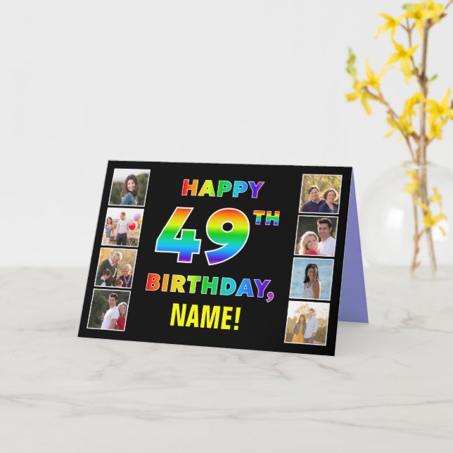 49th Birthday: Rainbow Text, Custom Photos & Name Card (Yellow Flower)