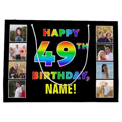 49th Birthday Rainbow Text Custom Photos  Name Large Gift Bag