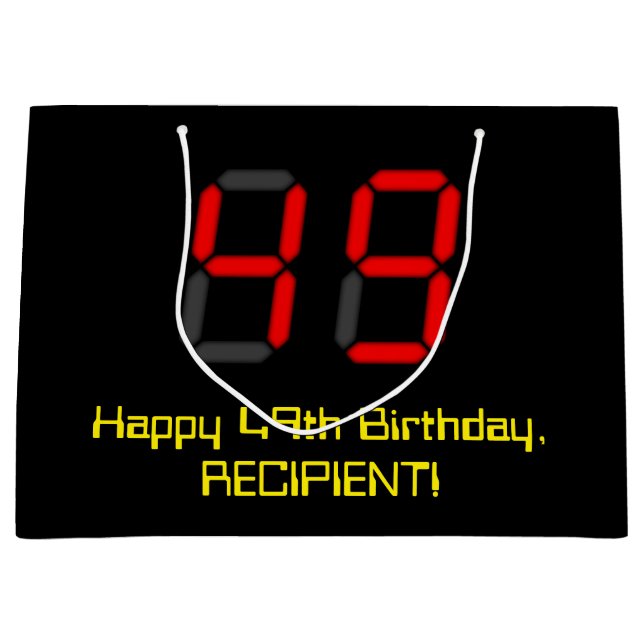 49th Birthday: Red Digital Clock Style "49" + Name Large Gift Bag (Front)