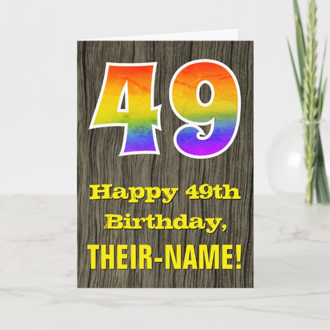 49th Birthday: Rustic Faux Wood Look, Rainbow "49" Card (Front)