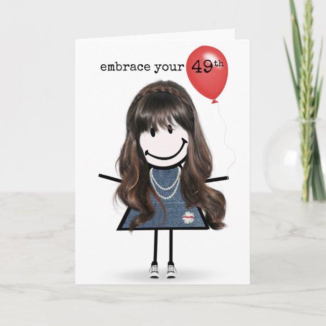 49th Birthday Stick Figure Girl with Red Balloon Card (Front)