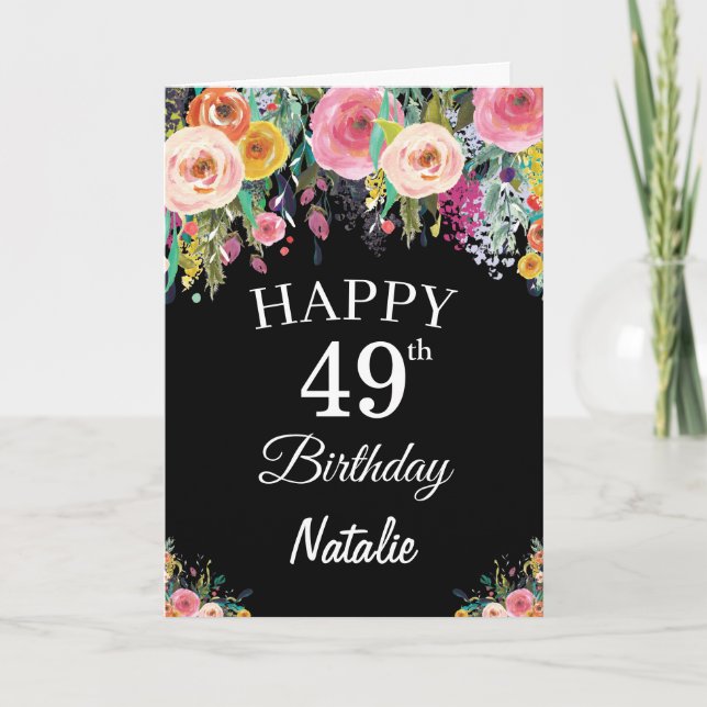 49th Birthday Watercolor Floral Flowers Black Card (Front)