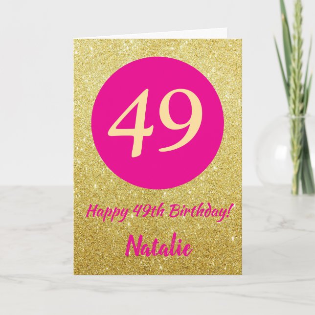 49th Happy Birthday Hot Pink and Gold Glitter Card (Front)
