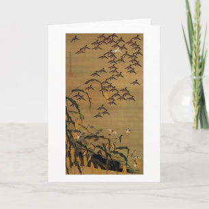 4. 秋塘群雀図, 若冲 Flock of Sparrows, Jakuchū Card