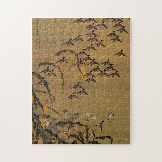 4. 秋塘群雀図, 若冲 Flock of Sparrows, Jakuchū Jigsaw Puzzle (Vertical)